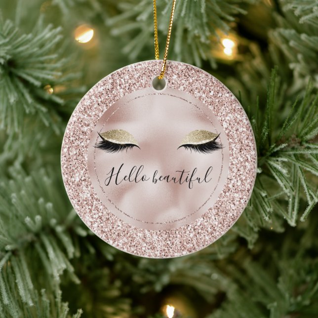 Glitzy Blush Pink Glitter Gold Eyelashes     Ceramic Ornament (Tree)