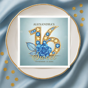 Glitzy Chic Blue Rose Gold Gemstone Sweet 16 Napkin