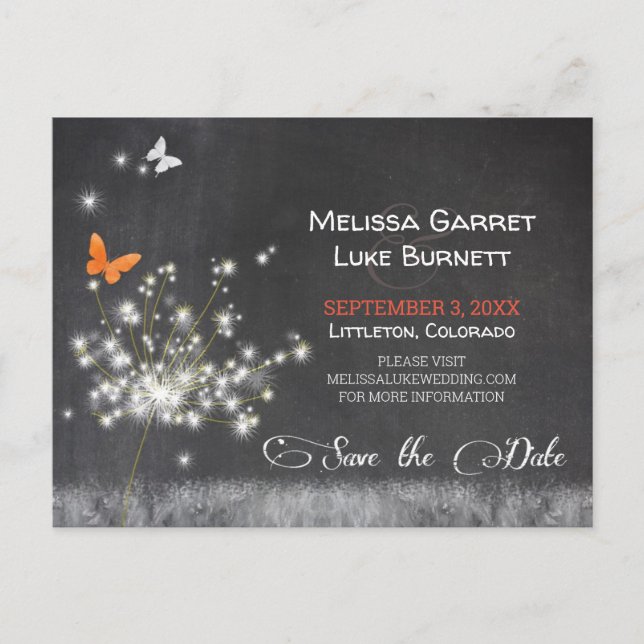 Glitzy Dandelion Chalkboard Wedding Save the Date Postcard (Front)