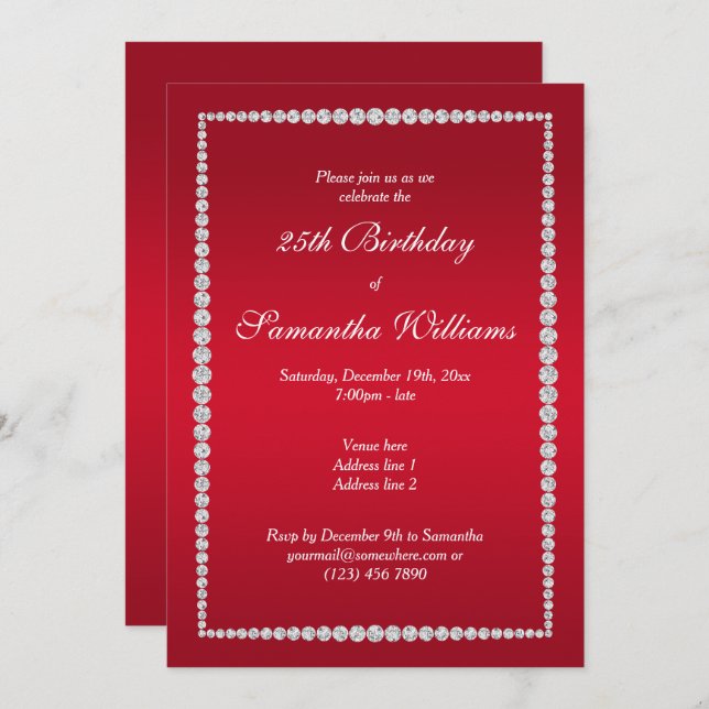 Glitzy Diamond Frame & Ruby Red Birthday Invitation (Front/Back)