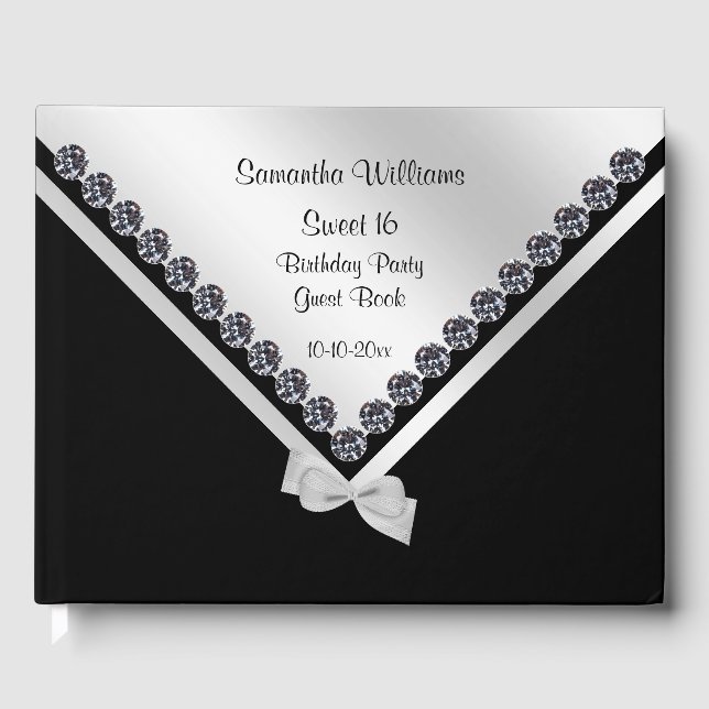 Glitzy Diamonds & Silver Bow Sweet 16 Guest Book (Front)