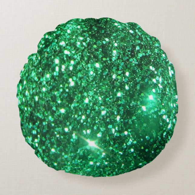 Glitzy Emerald Green Glitter Round Cushion (Front)