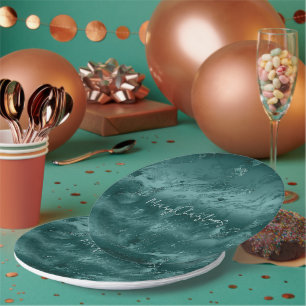 Glitzy Emerald Green Ombre Marble Paper Plate