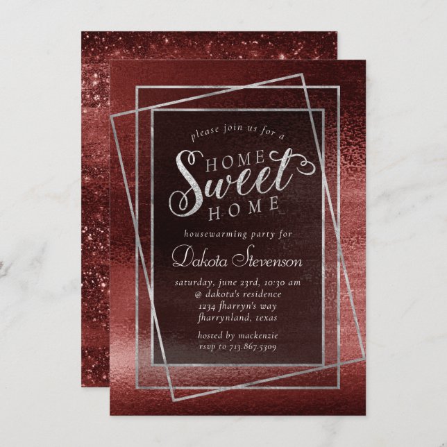 Glitzy Foil | Henna Crimson Red Glam Housewarming Invitation (Front/Back)