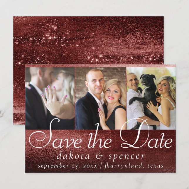 Glitzy Foil | Henna Crimson Red Sparkle 3 Photo Save The Date (Front/Back)