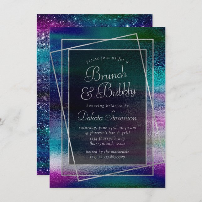 Glitzy Foil | Holographic Dark Champagne Brunch Invitation (Front/Back)