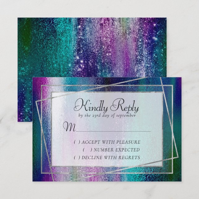 Glitzy Foil | Holographic Iridescent Dark Ombre RSVP Card (Front/Back)