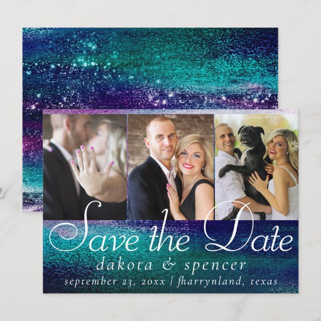 Glitzy Foil | Holographic Iridescent Ombre 3 Photo Save The Date (Front/Back)
