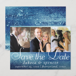 Glitzy Foil Ice Blue Faux Iridescent 3 Photo Save The Date