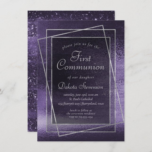 Glitzy Foil | Indigo Midnight Purple 1st Communion Invitation (Front/Back)
