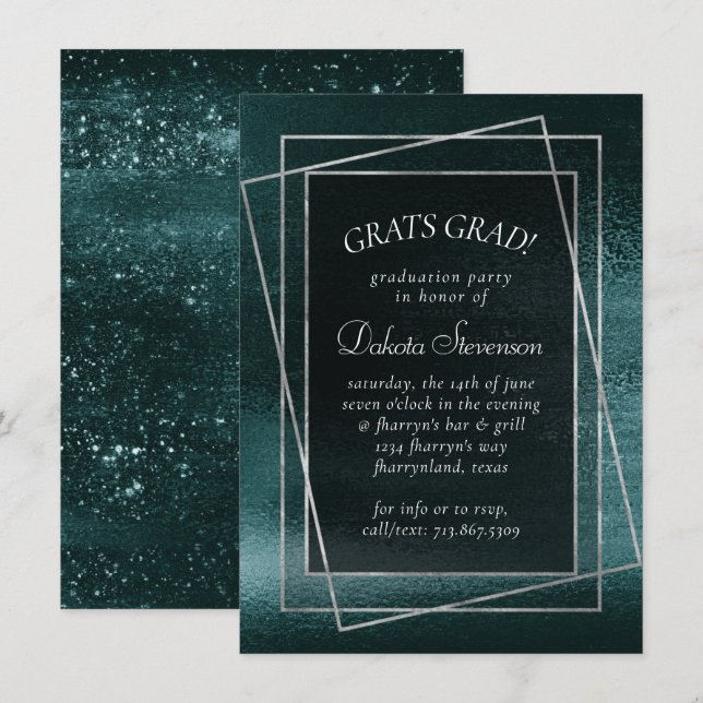 Glitzy Foil | Midnight Teal Dark Glam Graduation Invitation (Front/Back)