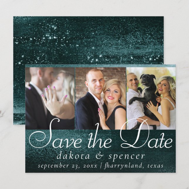 Glitzy Foil | Midnight Teal Faux Metallic 3 Photo Save The Date (Front/Back)