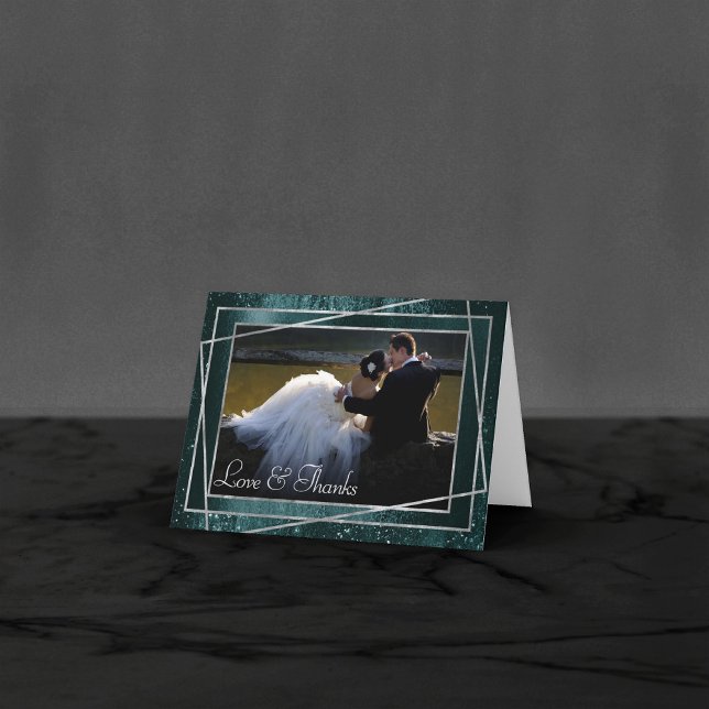 Glitzy Foil | Midnight Teal Faux Metallic Photo Thank You Card (Creator Uploaded)