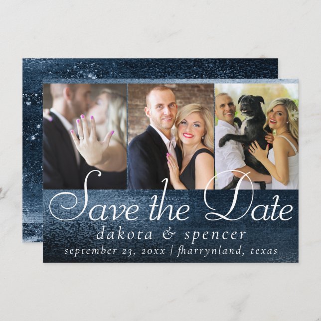 Glitzy Foil | Navy Blue Dark Faux Glitter 3 Photo Save The Date (Front/Back)