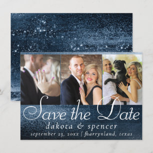 Glitzy Foil   Navy Blue Dark Faux Glitter 3 Photo Save The Date