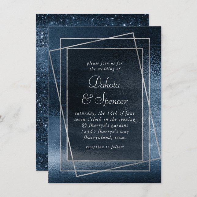 Glitzy Foil | Navy Blue Faux Glam Metallic Wedding Invitation (Front/Back)