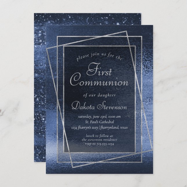 Glitzy Foil | Navy Blue Glitter First Communion Invitation (Front/Back)