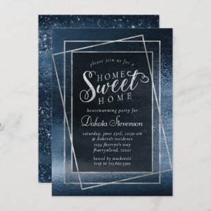 Glitzy Foil Navy Blue Sparkle Home Sweet Home Invitation