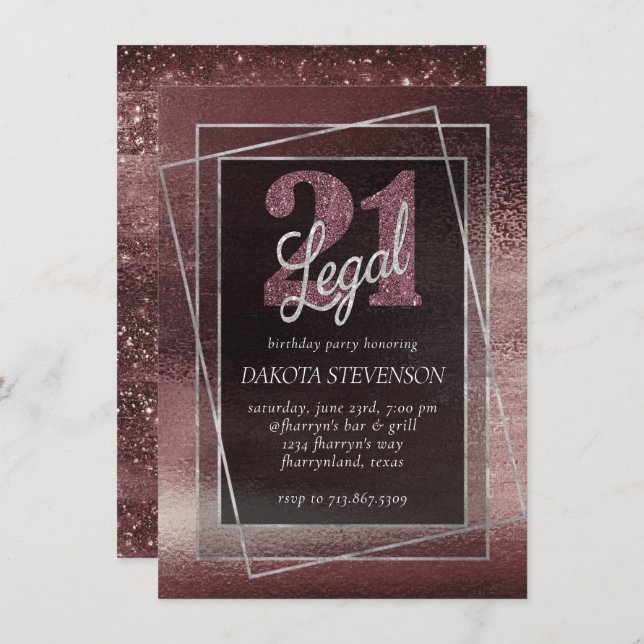 Glitzy Foil | Rose Gold Blush Glam 21 and Legal Invitation (Front/Back)