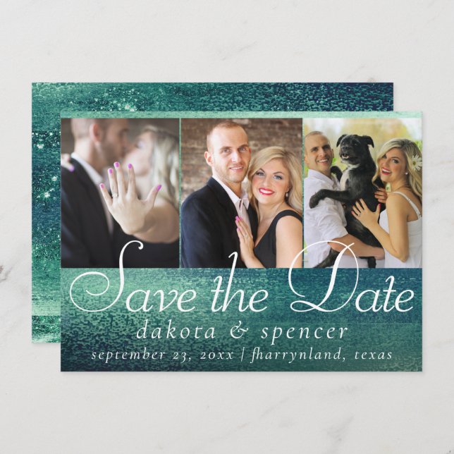 Glitzy Foil | Seafoam Green Aqua Sparkle 3 Photo Save The Date (Front/Back)