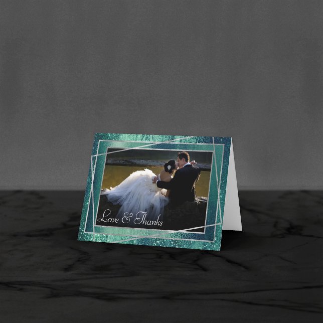 Glitzy Foil | Seafoam Green Aqua Sparkle Photo Thank You Card (Creator Uploaded)
