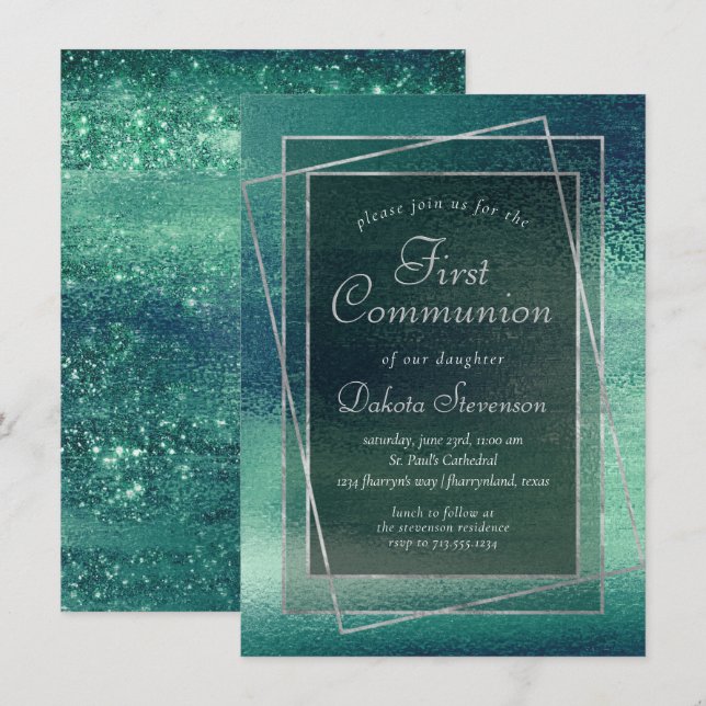 Glitzy Foil | Seafoam Iridescent Green Communion Invitation (Front/Back)