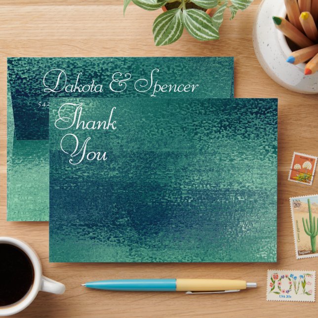 Glitzy Foil | Seafoam Iridescent Green Thank You Envelope (Desk)