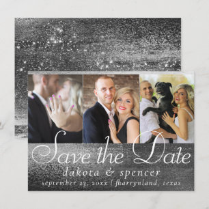 Glitzy Foil Silver Platinum Faux Chrome 3 Photo Save The Date