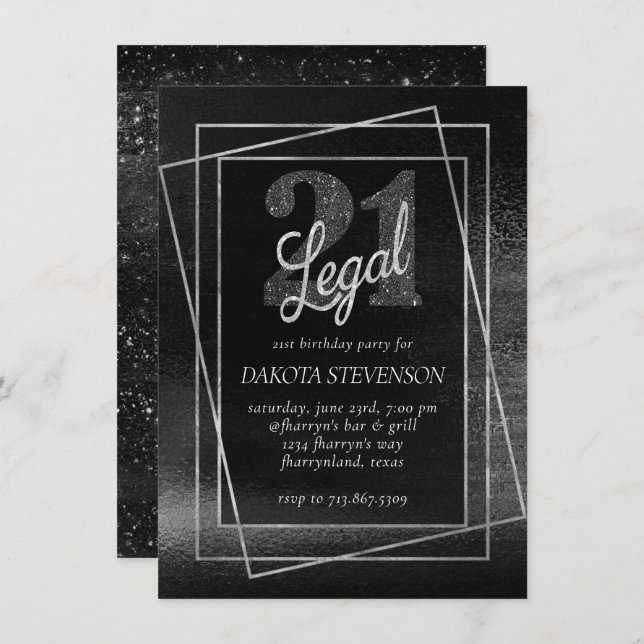 Glitzy Foil | Silver Platinum Shimmer 21 and Legal Invitation (Front/Back)