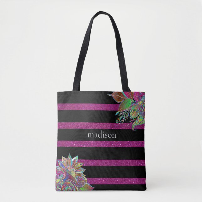 Glitzy Fuchsia Black Personalised Tote Bag (Front)