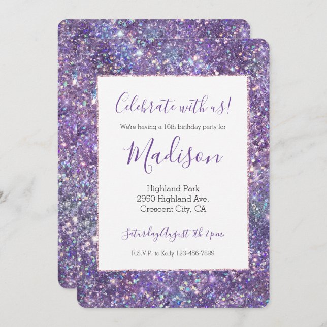 Glitzy Girly Glam Purple Sparkle Glitter Invitation (Front/Back)