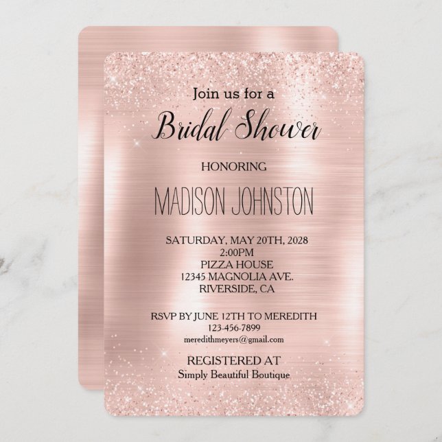 Glitzy Glam Blush Pink Glitter Bridal Shower Invitation (Front/Back)