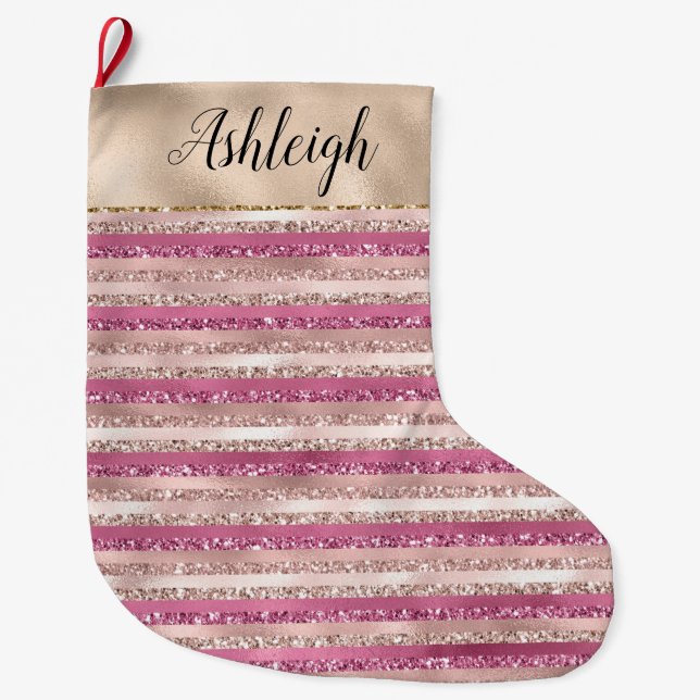 Glitzy Glam Girly Blush Pink Gold Glitter Stripes Large Christmas Stocking (Front)