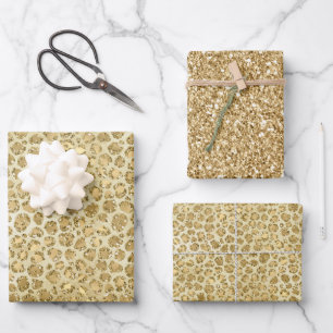Glitzy Glam Gold Glitter Leopard Print Wrapping Paper Sheet