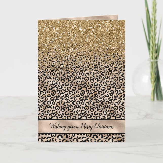 Glitzy Glam Gold Leopard Print Glitter Holiday Card (Front)