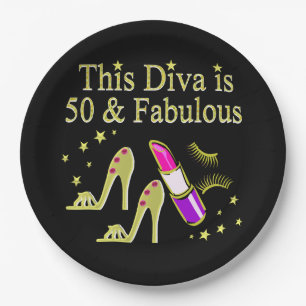 GLITZY GOLD 50TH BIRTHDAY DIVA DESIGN PAPER PLATE