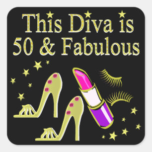 GLITZY GOLD 50TH BIRTHDAY DIVA DESIGN SQUARE STICKER