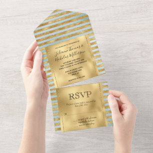 Glitzy Gold Aqua Mint Glam Glitter Stripes All In One Invitation