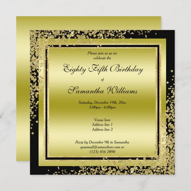 Glitzy Gold Confetti Decorations 85th Birthday Invitation (Front/Back)