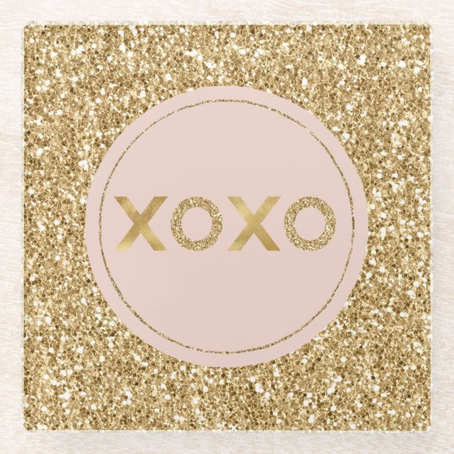 Glitzy Gold Glitter Blush Pink Love XOXO Glass Coaster (Front)
