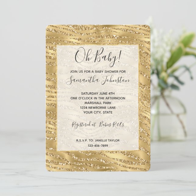 Glitzy Gold Glitter Zebra Baby Shower Invitation (Standing Front)