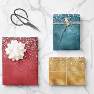 Glitzy Gold Green Red Glitter Sparkle Wrapping Paper Sheet