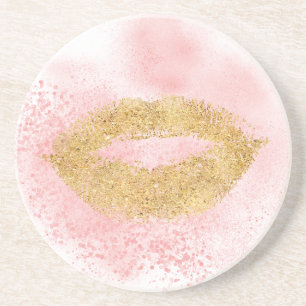 Glitzy Gold Lips Pink Confetti Kiss Coaster