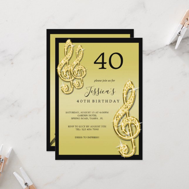 Glitzy Gold Music Notes Birthday Invitation (Front/Back In Situ)