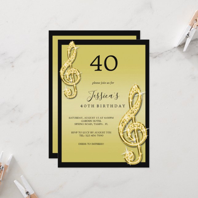 Glitzy Gold Music Notes Birthday Invitation (Front/Back In Situ)