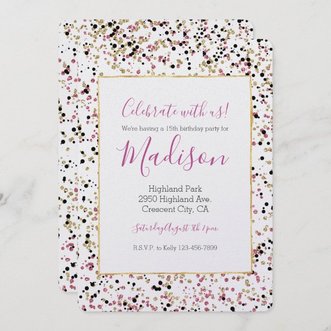 Glitzy Gold Pink Black Confetti Dots Birthday Invitation (Front/Back)
