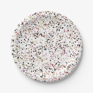 Glitzy Gold Pink Black Confetti Dots Birthday Paper Plate