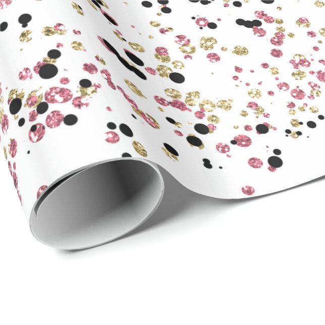Glitzy Gold Pink Black Confetti Dots Wrapping Paper (Roll Corner)