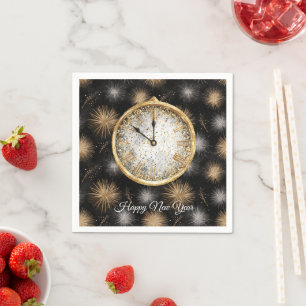 Glitzy Gold Silver Fireworks New Year's Clock Napkin
