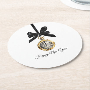 Glitzy Gold Silver New Year Midnight Hour Round Paper Coaster